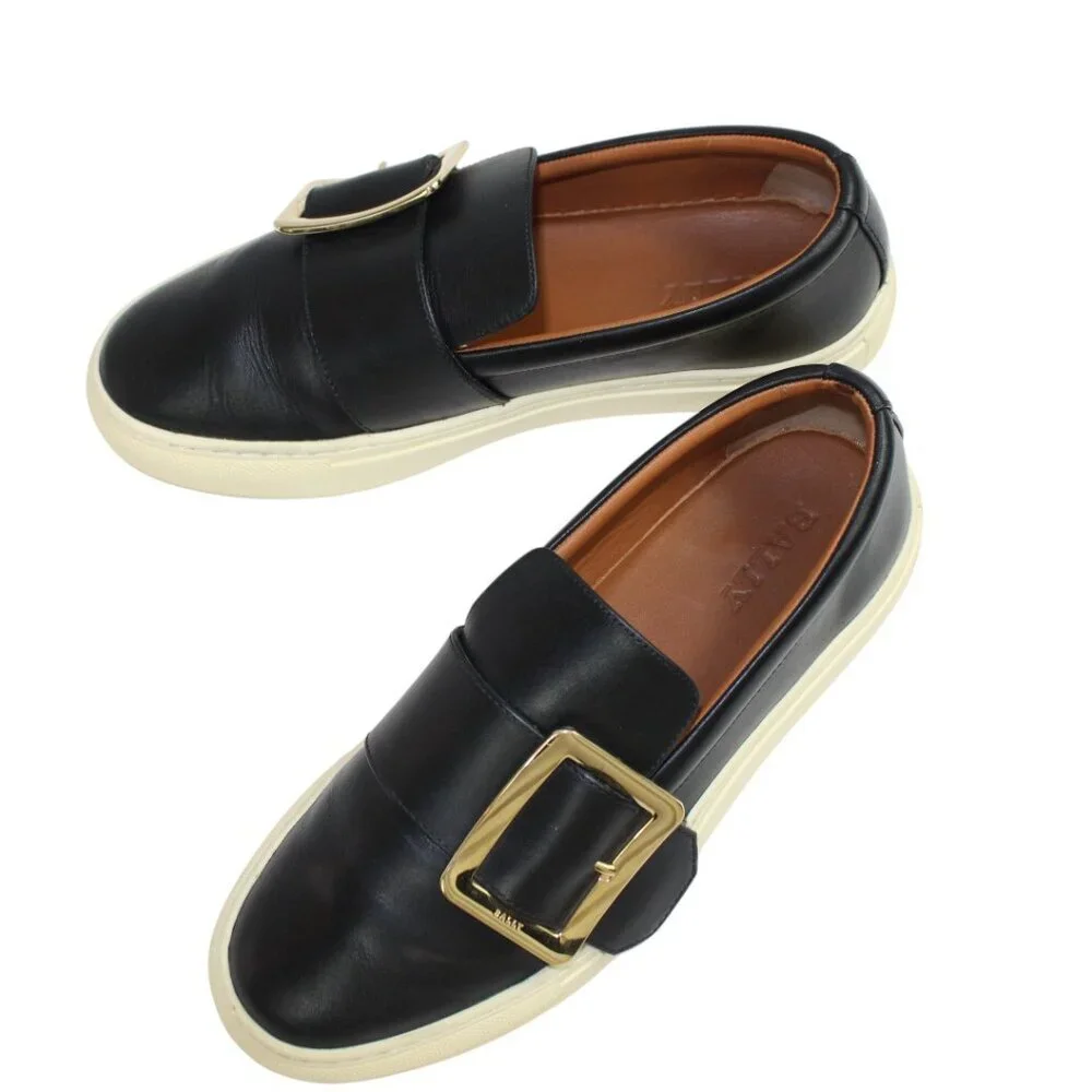 Bally Heska Black Leather Large gold Buckle Accent Slip On Sneakers Size 5.5